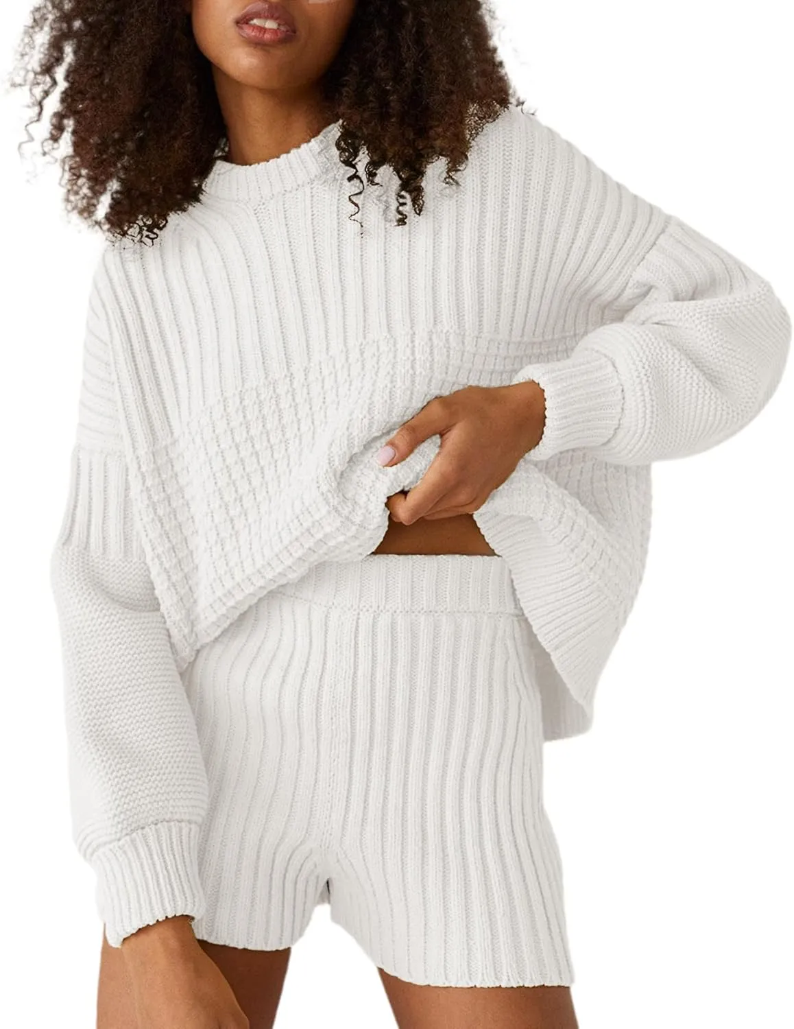 2 Piece Sweater Set for Women Fall Casual Cable Knit Crew Neck Pullover Long Sleeve Top and Short Set Knitwear
