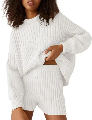 2 Piece Sweater Set for Women Fall Casual Cable Knit Crew Neck Pullover Long Sleeve Top and Short Set Knitwear