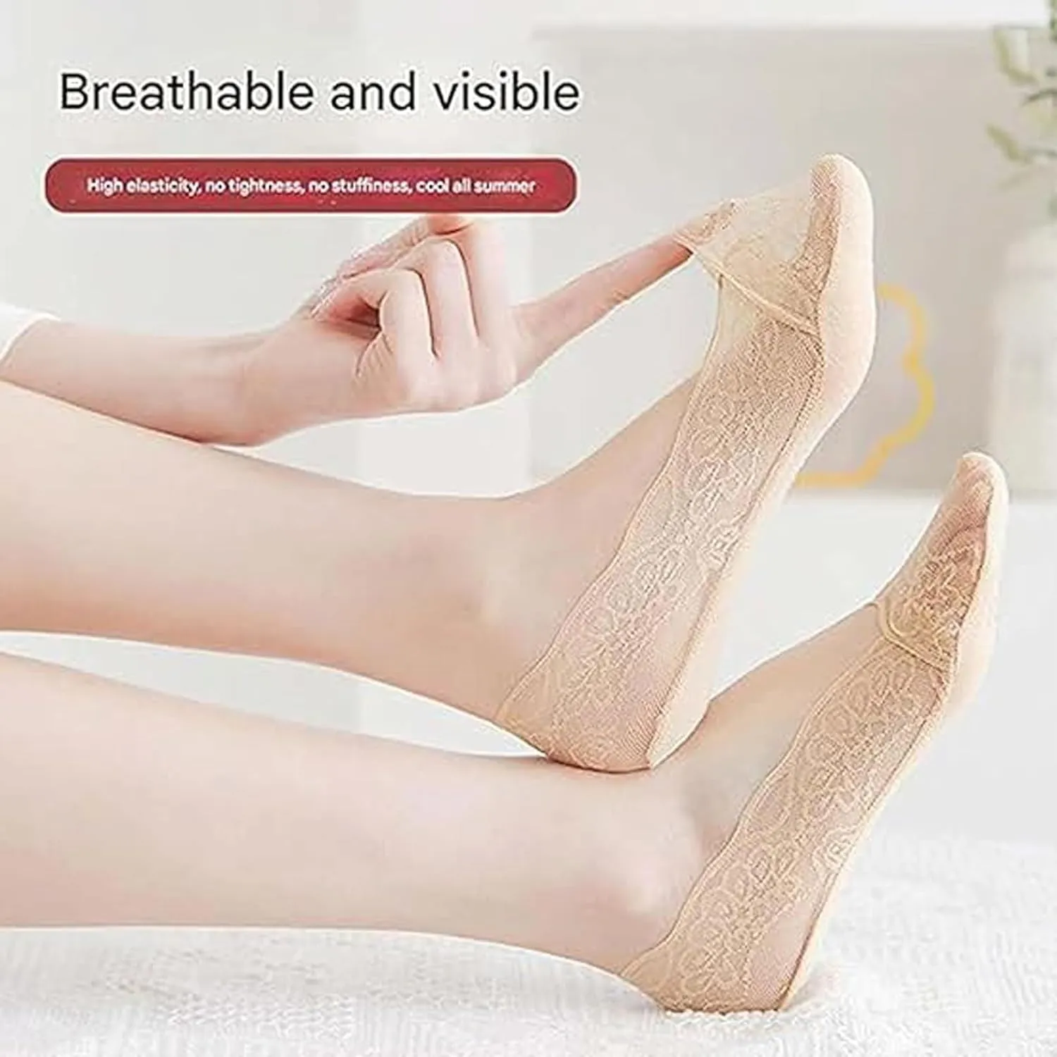 5 Pairs Pleteffect Socks, Lace No Show Liner Sock, Women's Lace Casual Boat Socks, Non-slip Breathable Ankle Sock