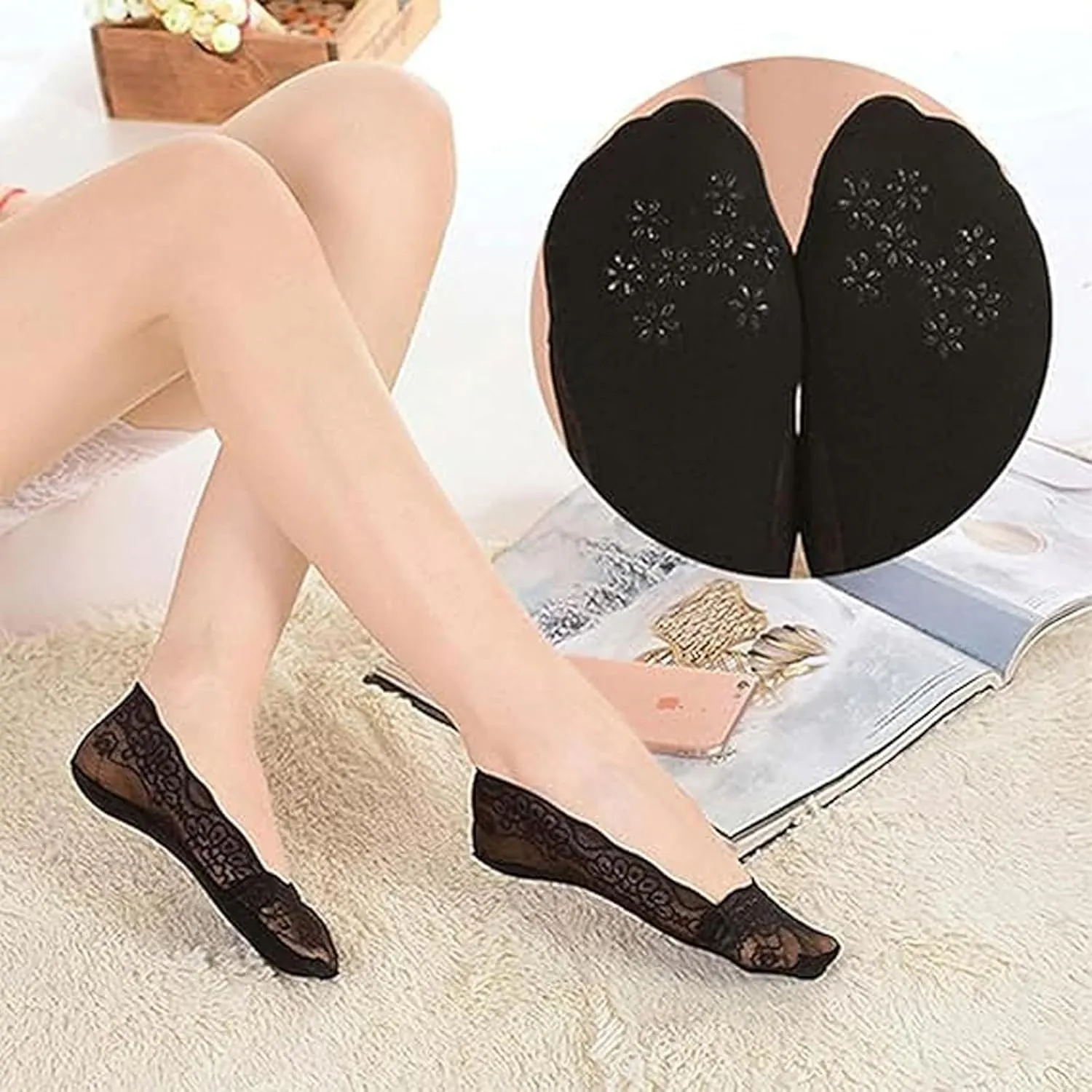 5 Pairs Pleteffect Socks, Lace No Show Liner Sock, Women's Lace Casual Boat Socks, Non-slip Breathable Ankle Sock