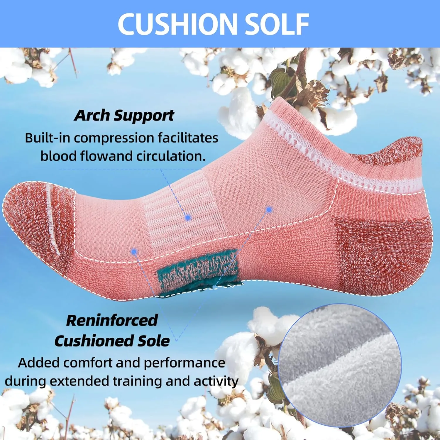 ATBITER Womens Ankle Socks 6 Pairs Cushioned Running Athletic No Show Socks With Tab