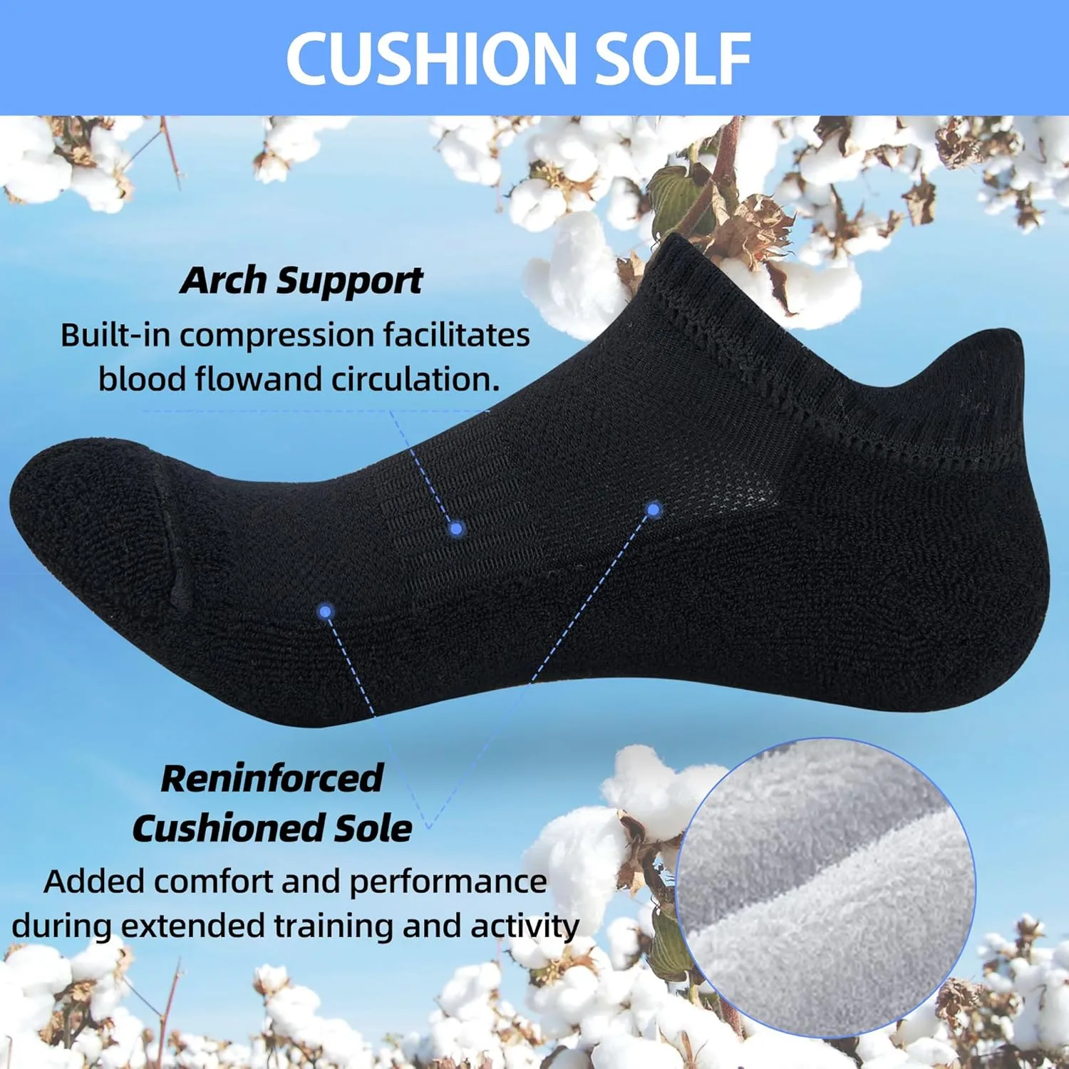 ATBITER Womens Ankle Socks 6 Pairs Cushioned Running Athletic No Show Socks With Tab