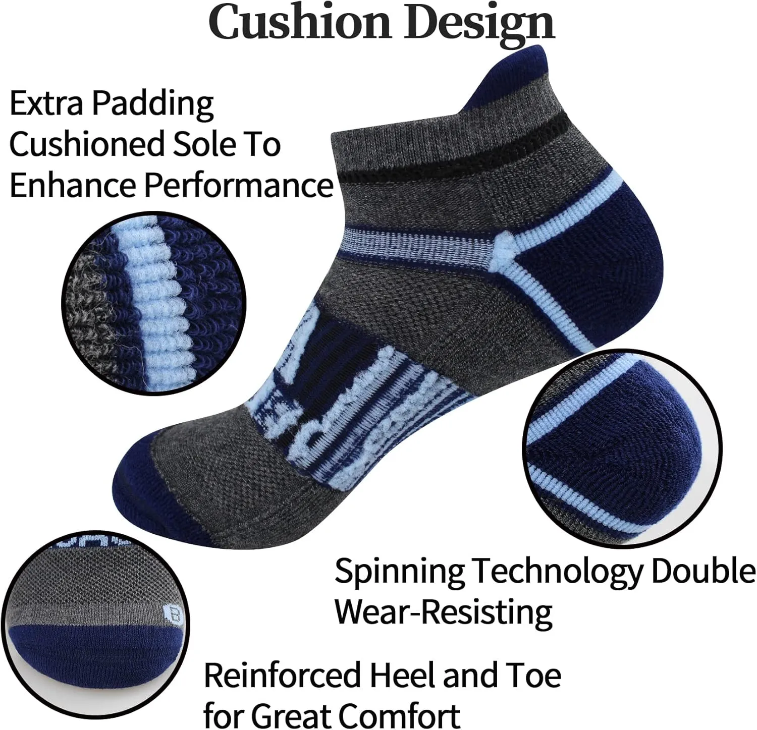 BIOAUM Cushioned Men's Ankle Socks, 6 Pairs Cotton Athletic Sport Breathable Low Cut Socks for Running Size 8-9.5/10-13/12-14