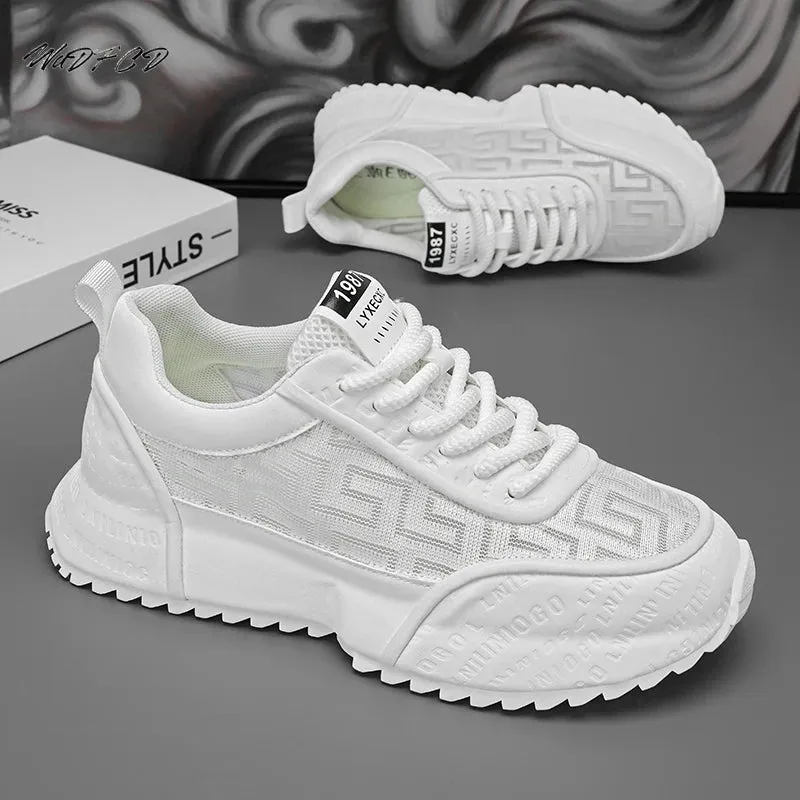 Chunky Sneakers Mens Leather Fabric Breathable Platform Shoes