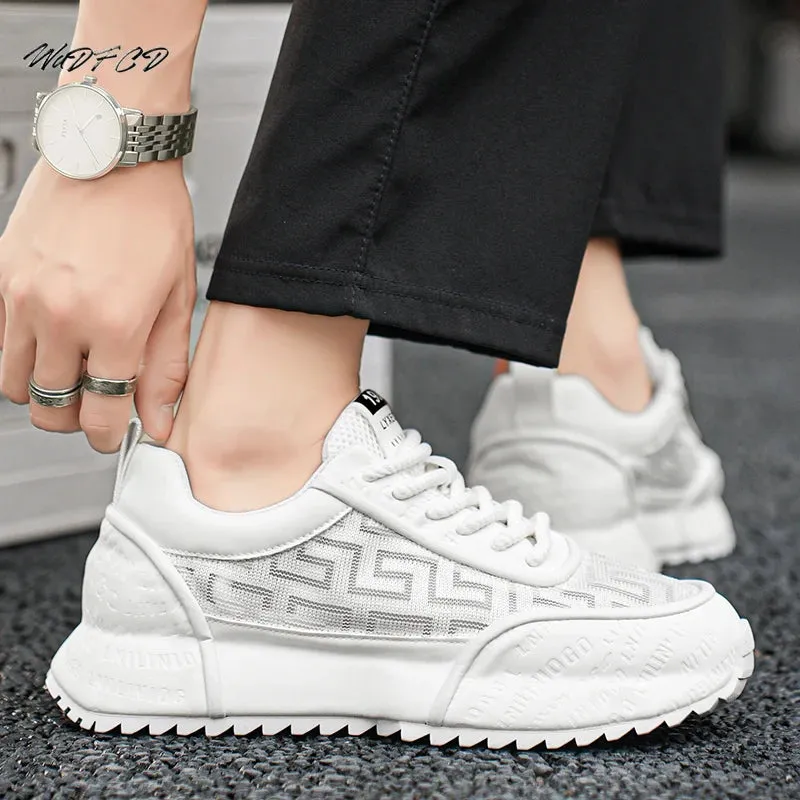 Chunky Sneakers Mens Leather Fabric Breathable Platform Shoes