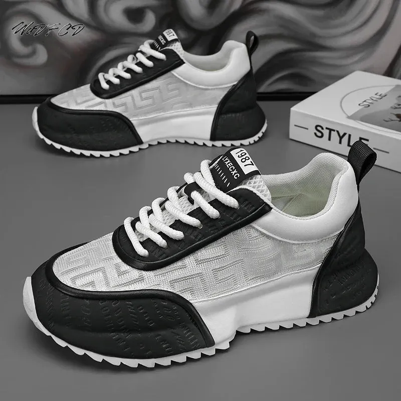 Chunky Sneakers Mens Leather Fabric Breathable Platform Shoes
