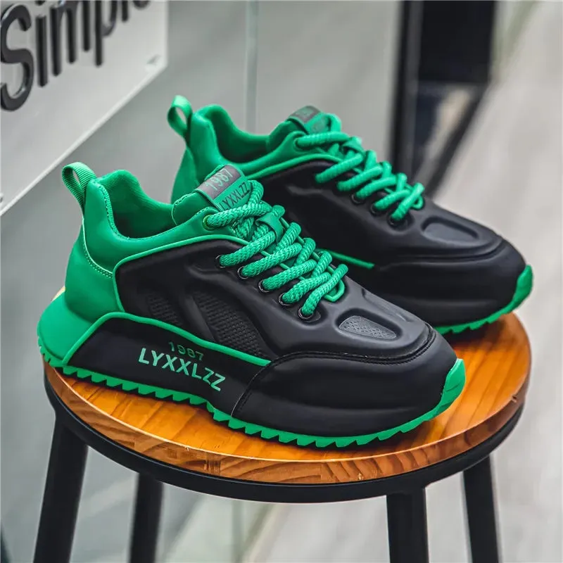 Chunky Sneakers Mens Leather Fabric Breathable Platform Shoes