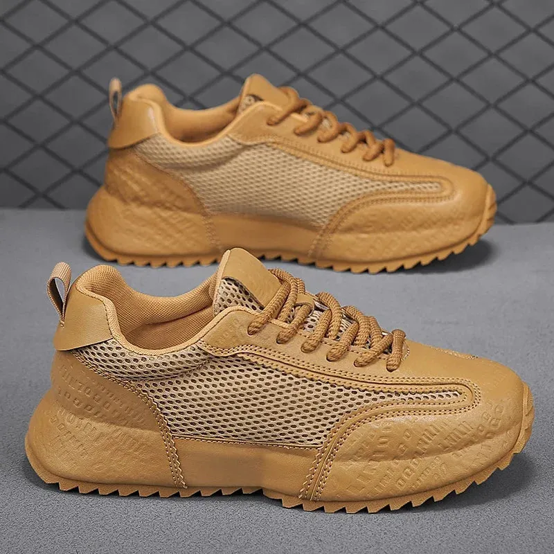 Chunky Sneakers Mens Leather Fabric Breathable Platform Shoes