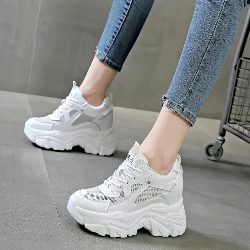 Chunky Y2K weiße Sneakers aus echtem Leder