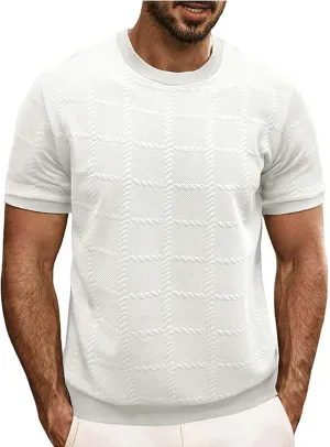 Cotton Linen Shirts for Men Casual Round Neck Short Sleeve T-Shirts Solid Loose Pullover Top Jacquard Knit Tees