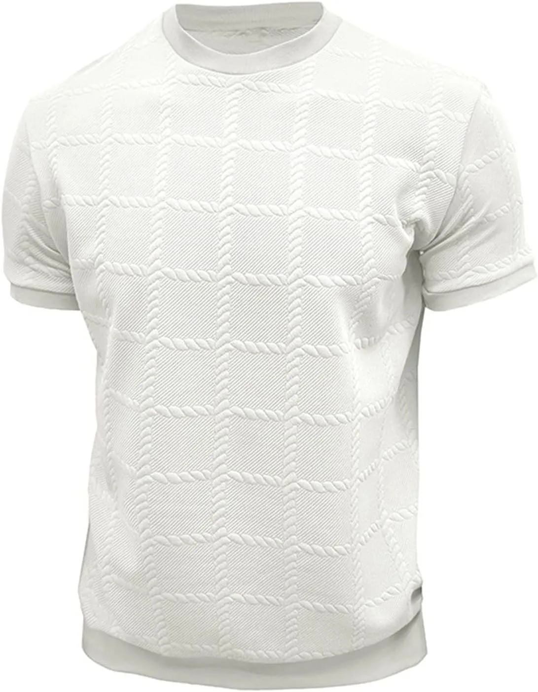 Cotton Linen Shirts for Men Casual Round Neck Short Sleeve T-Shirts Solid Loose Pullover Top Jacquard Knit Tees
