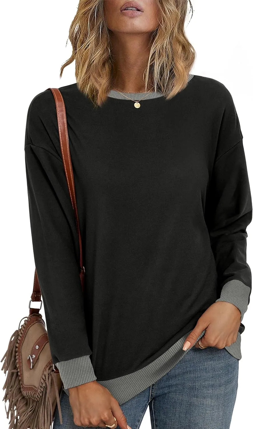 Desol Women Sweatshirt Winter Crewneck Long Sleeve Pullover Tops 2024 Casual Loose Color Block Ribbed Trim Outfits