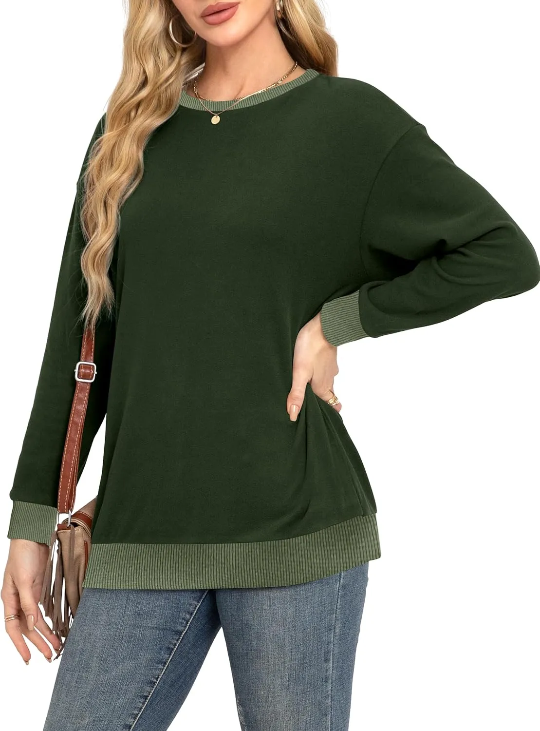 Desol Women Sweatshirt Winter Crewneck Long Sleeve Pullover Tops 2024 Casual Loose Color Block Ribbed Trim Outfits