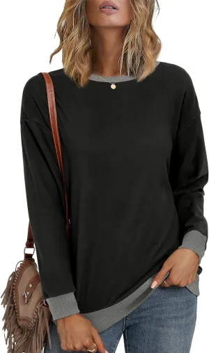 Desol Women Sweatshirt Winter Crewneck Long Sleeve Pullover Tops 2024 Casual Loose Color Block Ribbed Trim Outfits