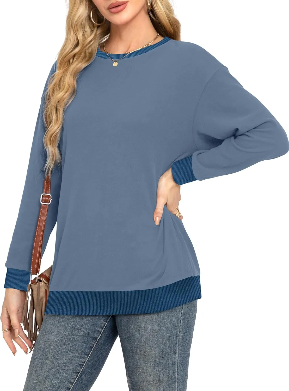 Desol Women Sweatshirt Winter Crewneck Long Sleeve Pullover Tops 2024 Casual Loose Color Block Ribbed Trim Outfits