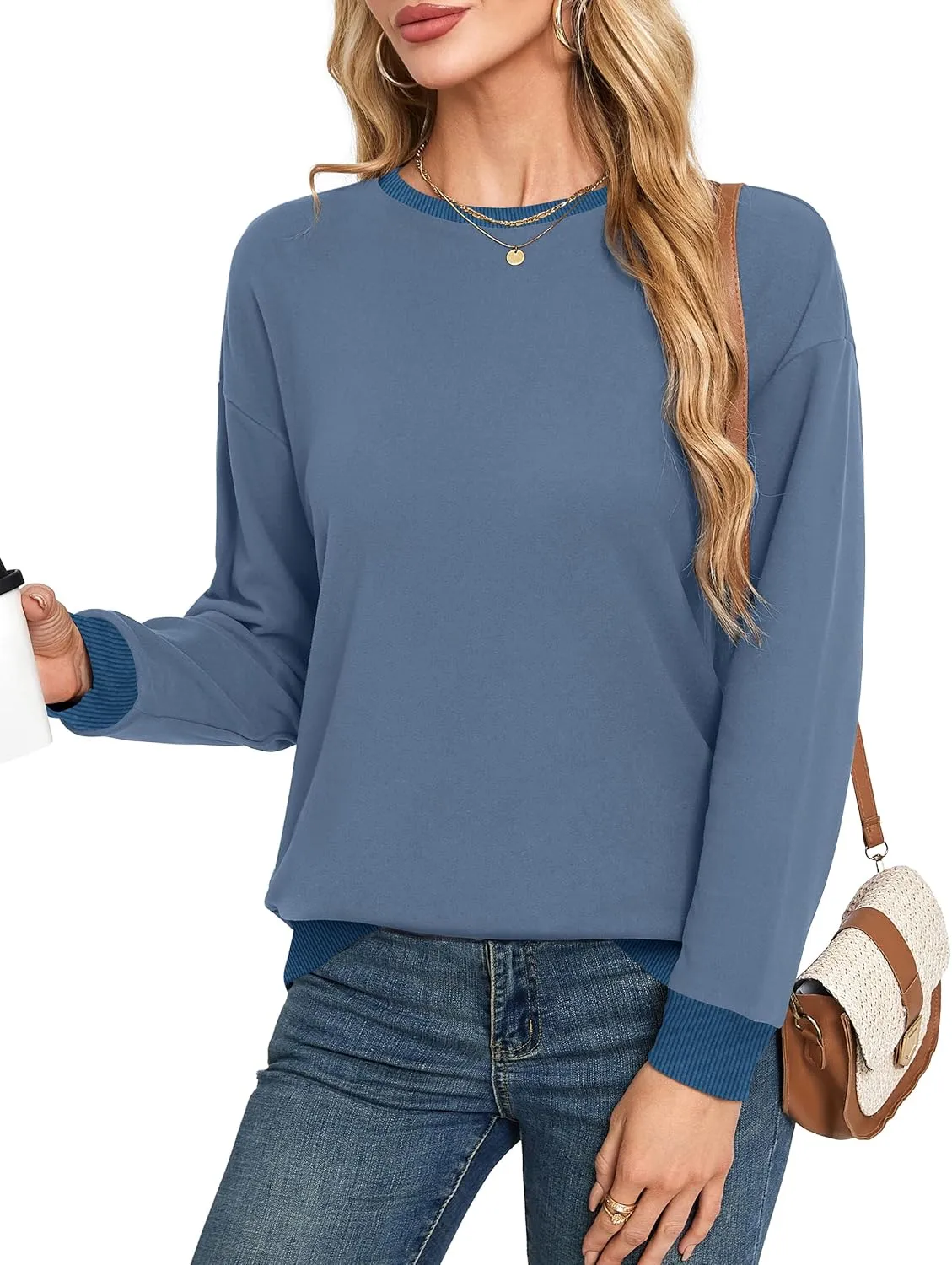 Desol Women Sweatshirt Winter Crewneck Long Sleeve Pullover Tops 2024 Casual Loose Color Block Ribbed Trim Outfits