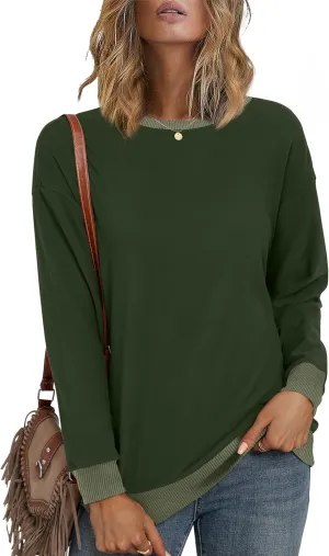 Desol Women Sweatshirt Winter Crewneck Long Sleeve Pullover Tops 2024 Casual Loose Color Block Ribbed Trim Outfits