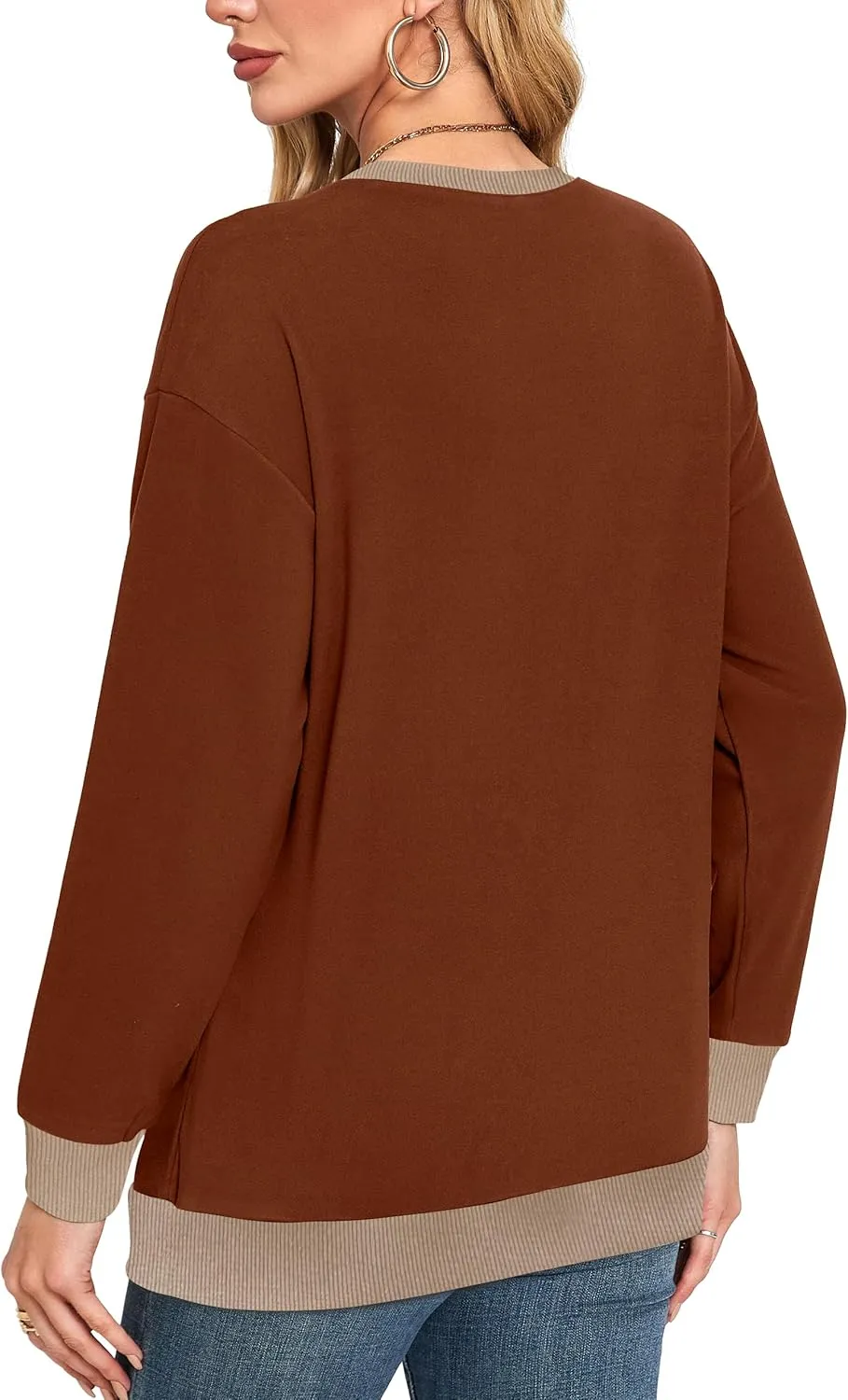 Desol Women Sweatshirt Winter Crewneck Long Sleeve Pullover Tops 2024 Casual Loose Color Block Ribbed Trim Outfits