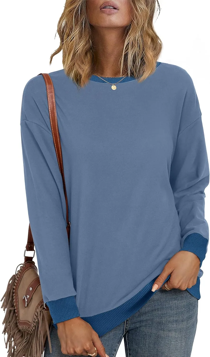 Desol Women Sweatshirt Winter Crewneck Long Sleeve Pullover Tops 2024 Casual Loose Color Block Ribbed Trim Outfits