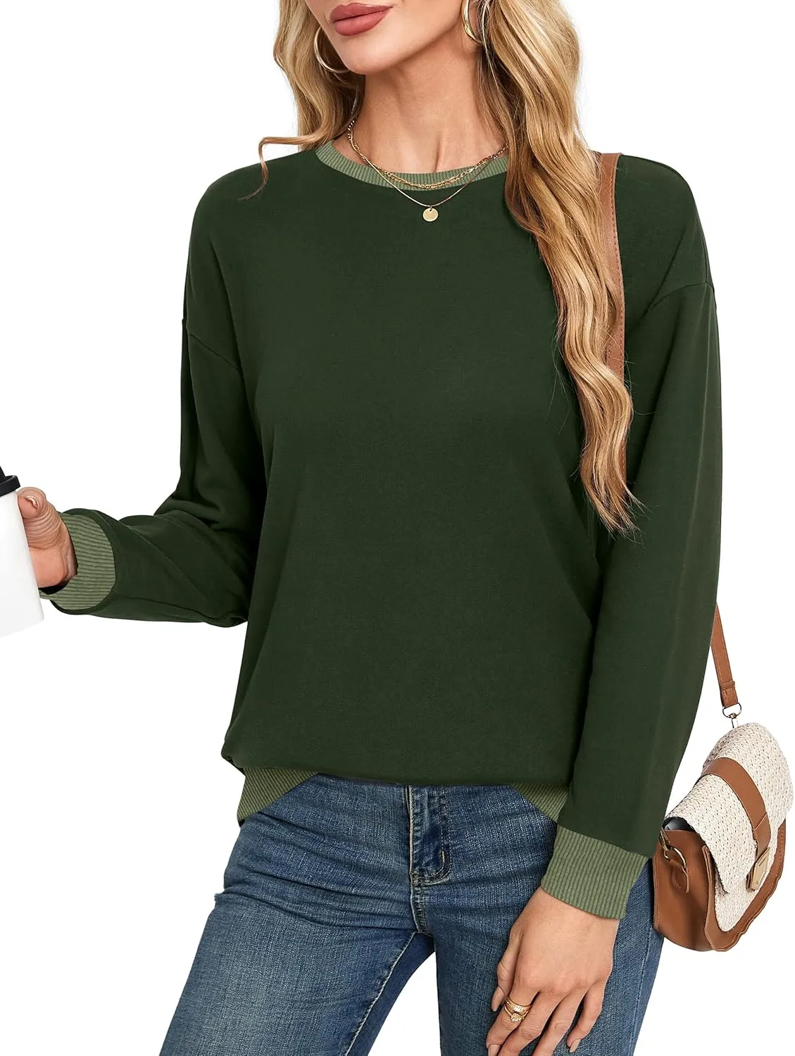 Desol Women Sweatshirt Winter Crewneck Long Sleeve Pullover Tops 2024 Casual Loose Color Block Ribbed Trim Outfits