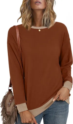 Desol Women Sweatshirt Winter Crewneck Long Sleeve Pullover Tops 2024 Casual Loose Color Block Ribbed Trim Outfits