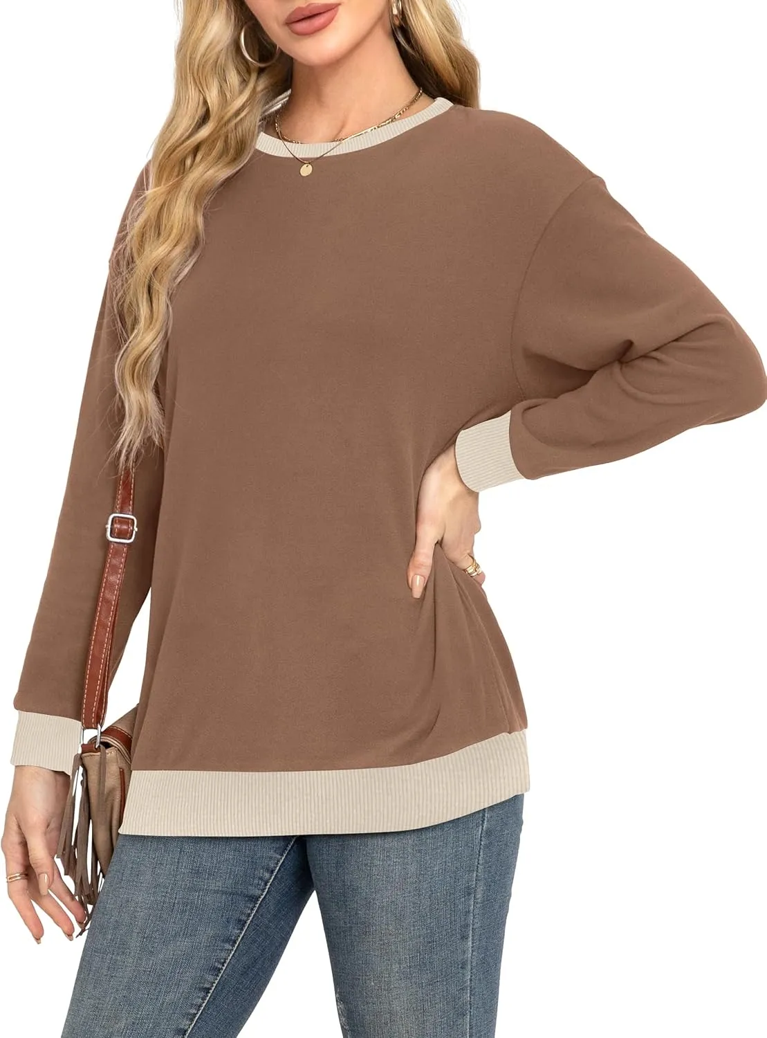 Desol Women Sweatshirt Winter Crewneck Long Sleeve Pullover Tops 2024 Casual Loose Color Block Ribbed Trim Outfits