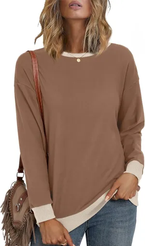 Desol Women Sweatshirt Winter Crewneck Long Sleeve Pullover Tops 2024 Casual Loose Color Block Ribbed Trim Outfits