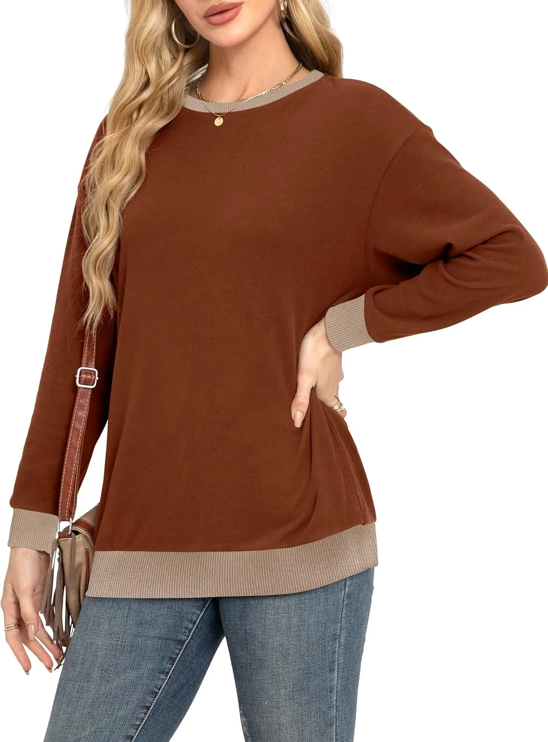Desol Women Sweatshirt Winter Crewneck Long Sleeve Pullover Tops 2024 Casual Loose Color Block Ribbed Trim Outfits