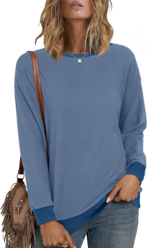 Desol Women Sweatshirt Winter Crewneck Long Sleeve Pullover Tops 2024 Casual Loose Color Block Ribbed Trim Outfits