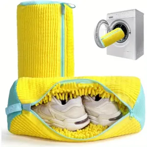 Durable Shoe Washing Machine Bag - Yellow with Blue Zipper, Protective Laundry Bag with Fluffy Interior for Sneakers, Casual, Mesh & Canvas Shoes