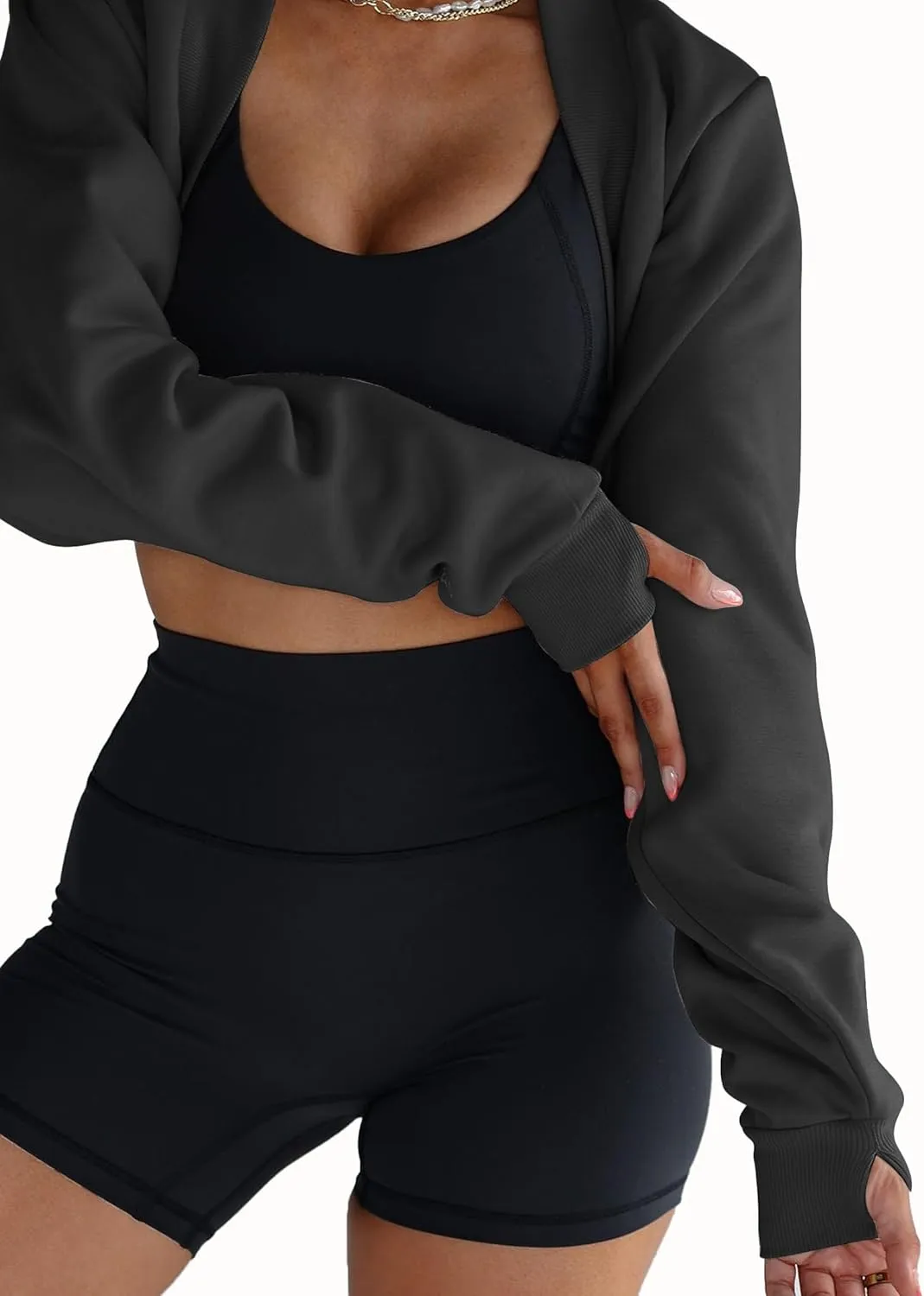 Famulily Womens Workout Shrug Long Sleeve Open Front Shrug Cropped Cardigans Trendy Bolero Sweatshirt with Thumb Holes