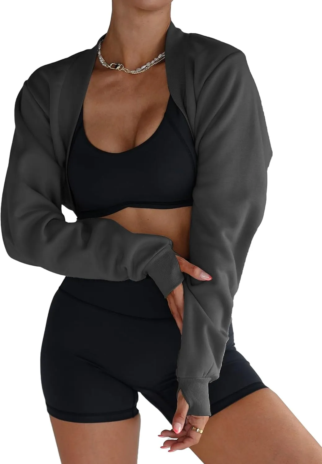 Famulily Womens Workout Shrug Long Sleeve Open Front Shrug Cropped Cardigans Trendy Bolero Sweatshirt with Thumb Holes