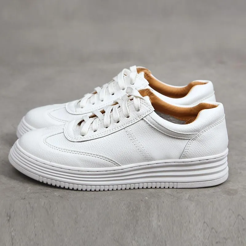 Fashion White Split Leather Women Chunky Sneakers White Shoes