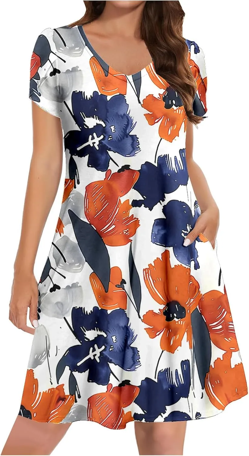Funny Printed Summer Sundress Women Fashion Comfy Retro Style Skirt Short Sleeve High Waisted Crewneck Women Dress