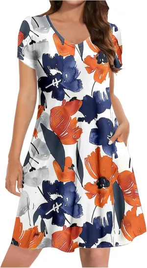 Funny Printed Summer Sundress Women Fashion Comfy Retro Style Skirt Short Sleeve High Waisted Crewneck Women Dress