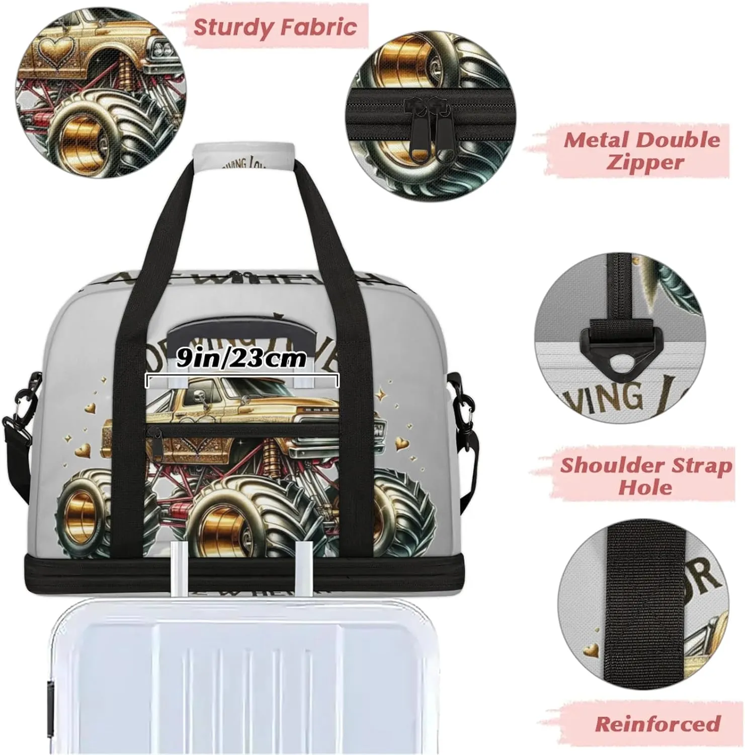 Gold Monster Truck Travel Duffel Bags for Women & Men Large Sports Gym Bags Foldie Weekender Overnight Bag Carry On Tote Bag With Shoe Compartment Personal Item Luggage for Travel Sports Gym