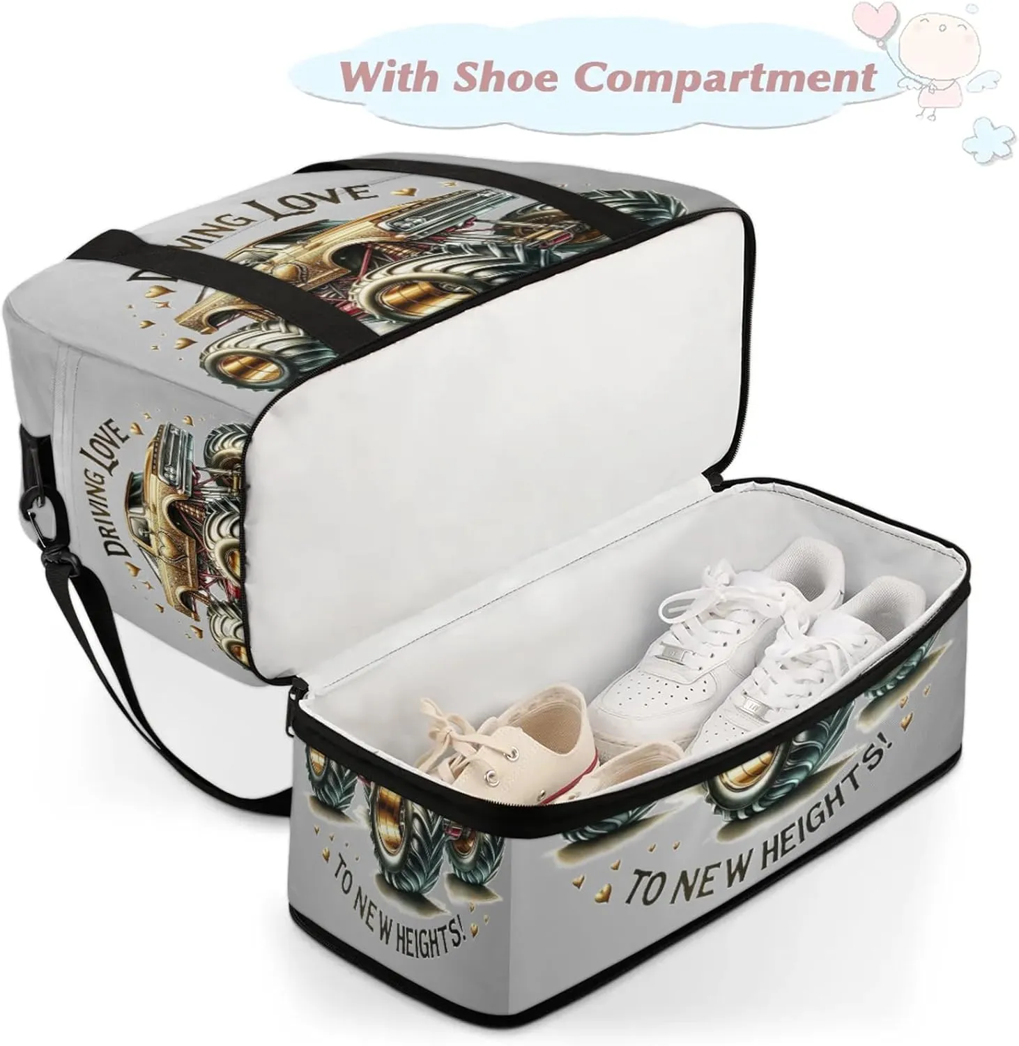 Gold Monster Truck Travel Duffel Bags for Women & Men Large Sports Gym Bags Foldie Weekender Overnight Bag Carry On Tote Bag With Shoe Compartment Personal Item Luggage for Travel Sports Gym