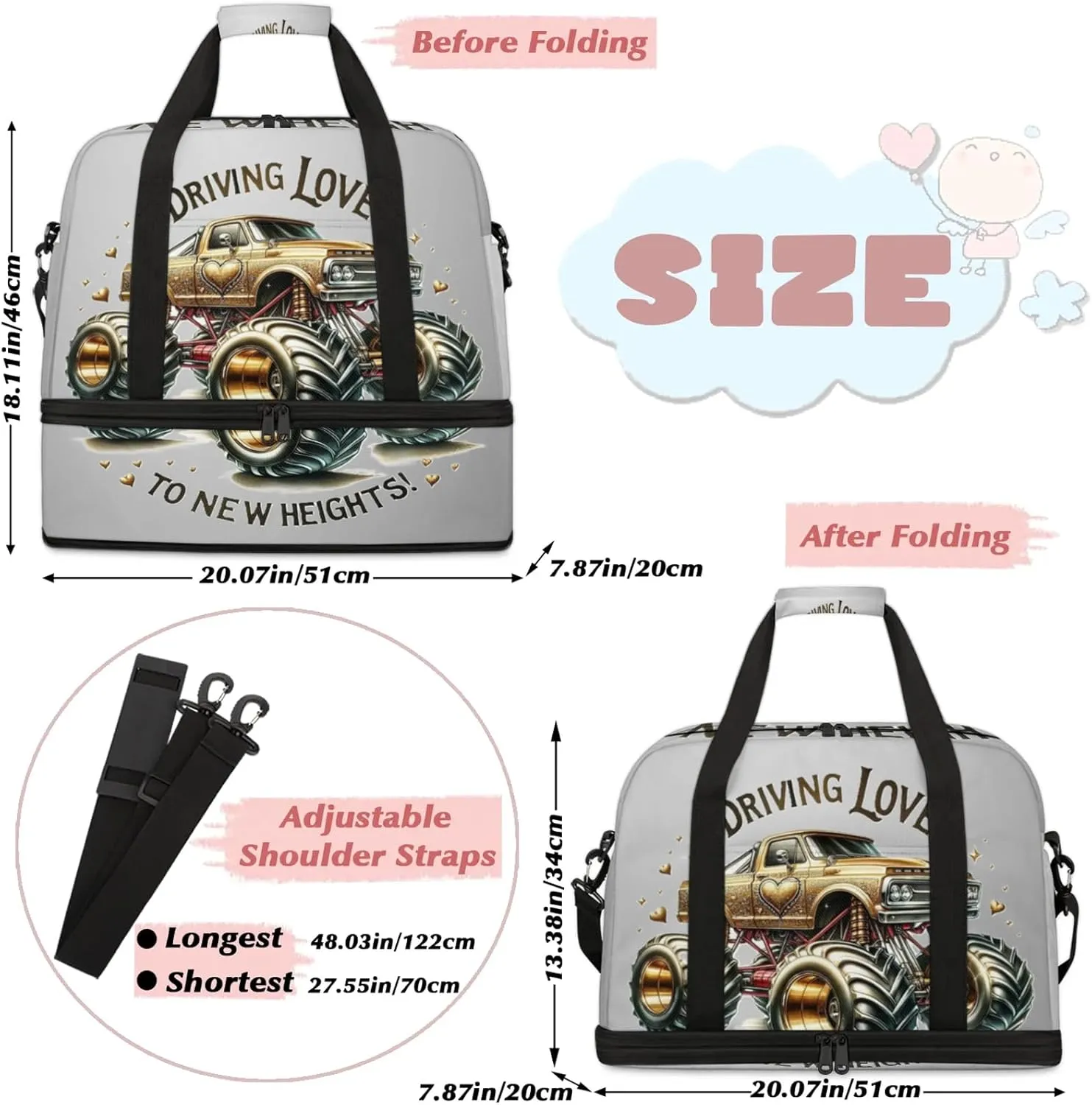 Gold Monster Truck Travel Duffel Bags for Women & Men Large Sports Gym Bags Foldie Weekender Overnight Bag Carry On Tote Bag With Shoe Compartment Personal Item Luggage for Travel Sports Gym