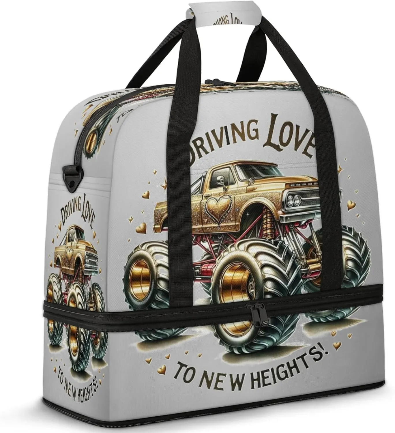 Gold Monster Truck Travel Duffel Bags for Women & Men Large Sports Gym Bags Foldie Weekender Overnight Bag Carry On Tote Bag With Shoe Compartment Personal Item Luggage for Travel Sports Gym