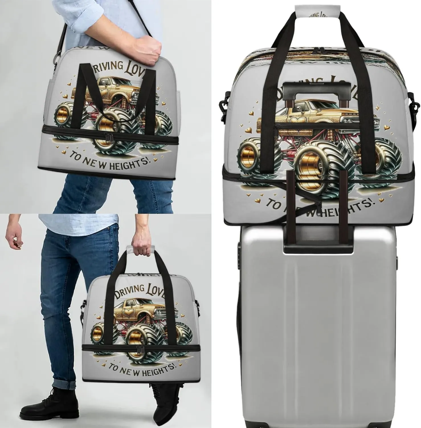 Gold Monster Truck Travel Duffel Bags for Women & Men Large Sports Gym Bags Foldie Weekender Overnight Bag Carry On Tote Bag With Shoe Compartment Personal Item Luggage for Travel Sports Gym