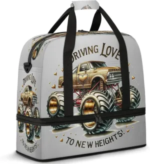 Gold Monster Truck Travel Duffel Bags for Women & Men Large Sports Gym Bags Foldie Weekender Overnight Bag Carry On Tote Bag With Shoe Compartment Personal Item Luggage for Travel Sports Gym