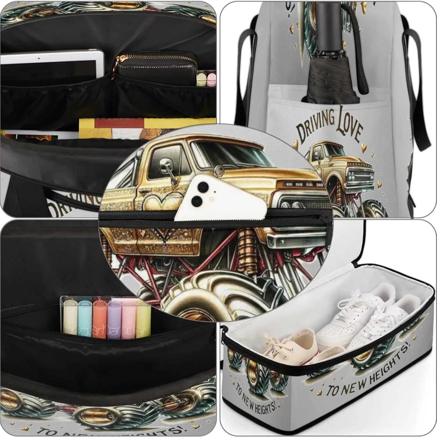 Gold Monster Truck Travel Duffel Bags for Women & Men Large Sports Gym Bags Foldie Weekender Overnight Bag Carry On Tote Bag With Shoe Compartment Personal Item Luggage for Travel Sports Gym