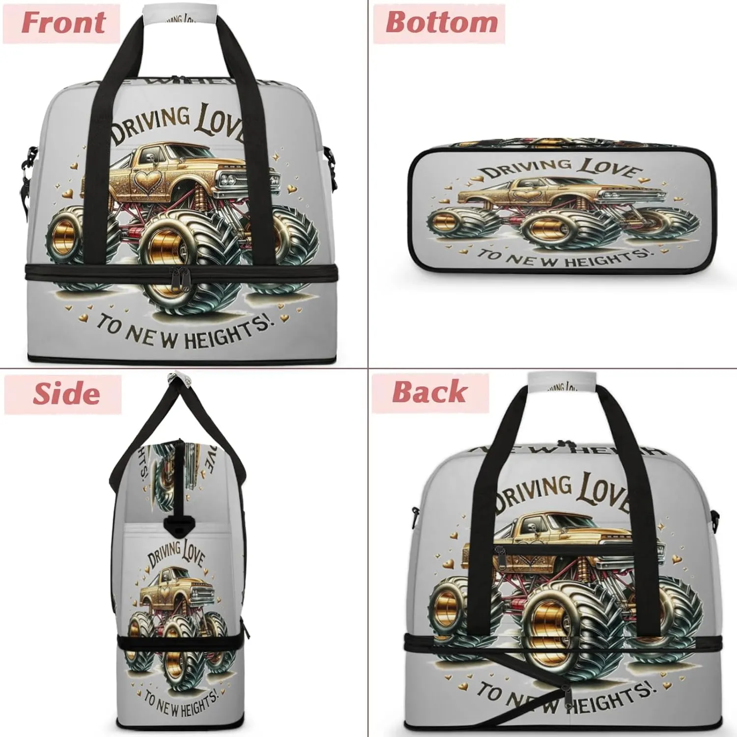 Gold Monster Truck Travel Duffel Bags for Women & Men Large Sports Gym Bags Foldie Weekender Overnight Bag Carry On Tote Bag With Shoe Compartment Personal Item Luggage for Travel Sports Gym