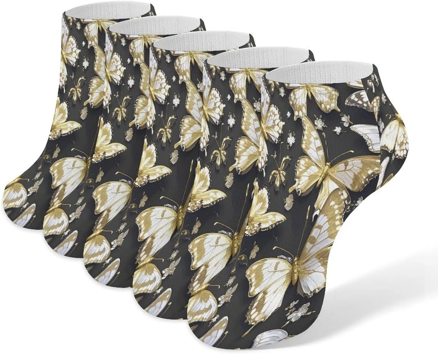 Gold White Butterflies Black 5 Pairs Ankle Socks Comfort Athletic Socks Low Cut Breathable Casual Sock for Unisex