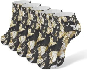 Gold White Butterflies Black 5 Pairs Ankle Socks Comfort Athletic Socks Low Cut Breathable Casual Sock for Unisex