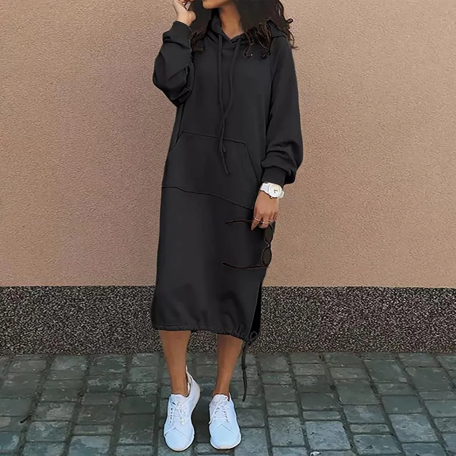 Hoodie Dress for Women Long Casual Drawstring Side Slits Dress Long Sleeve Fleece Hooded Sweatshirt Maxi Dress