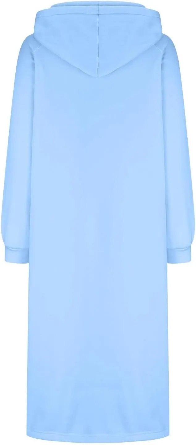 Hoodie Dress for Women Long Casual Drawstring Side Slits Dress Long Sleeve Fleece Hooded Sweatshirt Maxi Dress