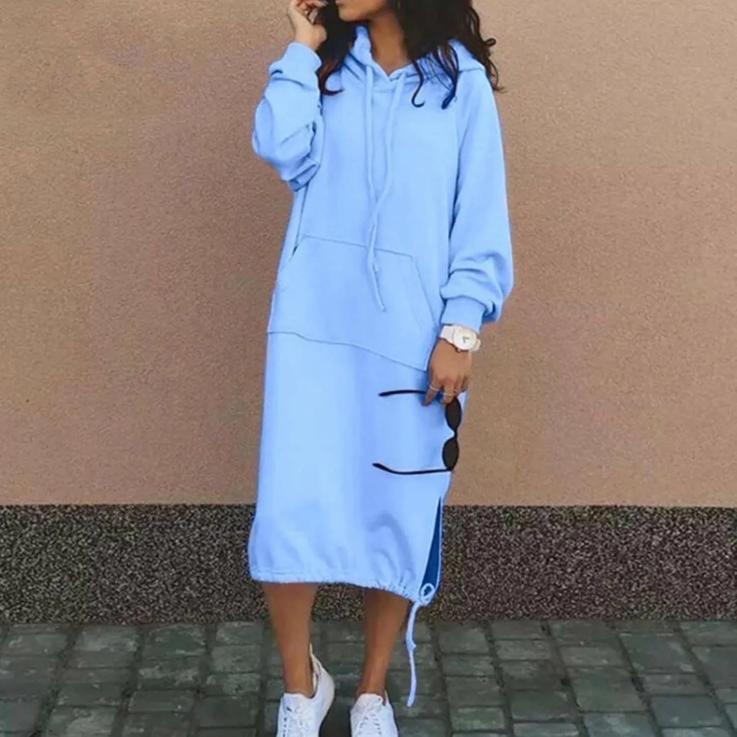 Hoodie Dress for Women Long Casual Drawstring Side Slits Dress Long Sleeve Fleece Hooded Sweatshirt Maxi Dress