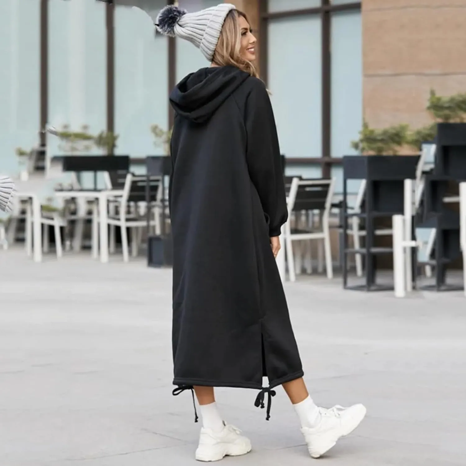 Hoodie Dress for Women Long Casual Drawstring Side Slits Dress Long Sleeve Fleece Hooded Sweatshirt Maxi Dress