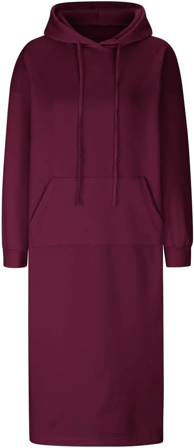 Hoodie Dress for Women Long Casual Drawstring Side Slits Dress Long Sleeve Fleece Hooded Sweatshirt Maxi Dress